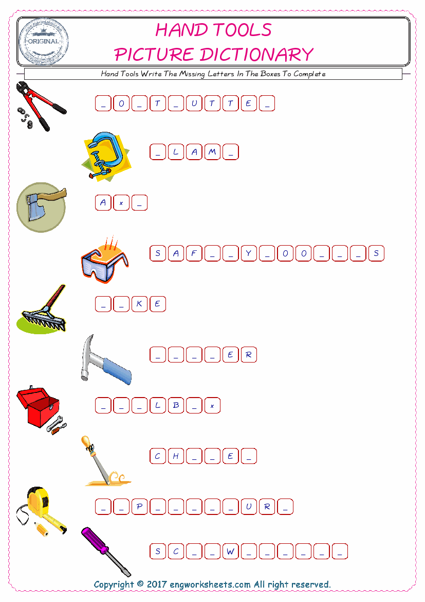  Type in the blank and learn the missing letters in the Hand Tools words given for kids English worksheet. 
